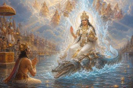 Devotees gathering at the banks of the Ganga during twilight